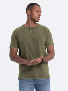 Koszulki męskie - T-shirt męski z dekoltem henley - ciemnooliwkowy V4 S1757 - grafika 1