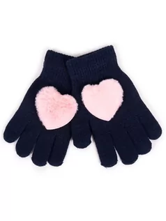 Rękawiczki dla dzieci - Rękawiczki Dziewczęce Pięciopalczaste Futrzane Serce Granatowe 16 Cm Yoclub - grafika 1