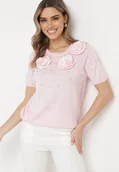 Bluzki damskie - Różowa Wiskozowa Bluzka z Perełkami Cyrkoniami i Aplikacjami Kwiatków Tessia - miniaturka - grafika 1