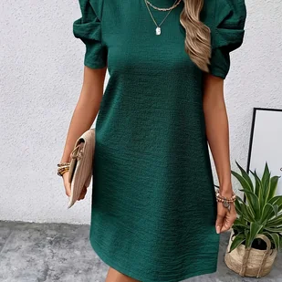 TEMU Elektryczna Sukienka w Jednolitym Kolorze z Bufiastymi Rękawami dla Kobiet - Czerwona, A-Linia z Guzikami i Krótkim Rękawem, Pranie Maszynowe na - Sukienki - miniaturka - grafika 1