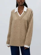 Swetry damskie - Reserved - Sweter z koszulowym kołnierzem - beżowy - miniaturka - grafika 1