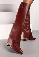 Kozaki damskie - Bordowe Kozaki na Słupku Ozdobione Nitami i Wywiniętą Cholewką Verien - miniaturka - grafika 1