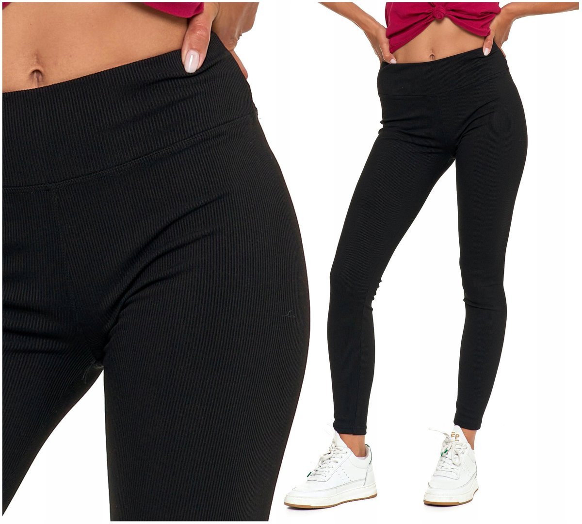 Legginsy Damskie Prążkowane Modne Klasyczne Wysoki Stan Kryjące Czarne S/M