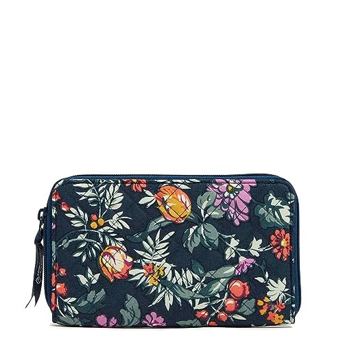 Vera Bradley Damski bawełniany portfel podróżny Deluxe z ochroną RFID, świeżo wycięty kwiatowy zielony, jeden rozmiar