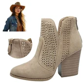 Botki damskie - Botki Damskie na klocku Kowbojki Ażurowe Zamszowe Beżowe zamek Barski 40 - S.Barski - miniaturka - grafika 1