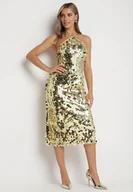 Sukienki - Złota Asymetryczna Sukienka Bogato Zdobiona Cekinami z Wiązaniem na Plecach Lericie - miniaturka - grafika 1