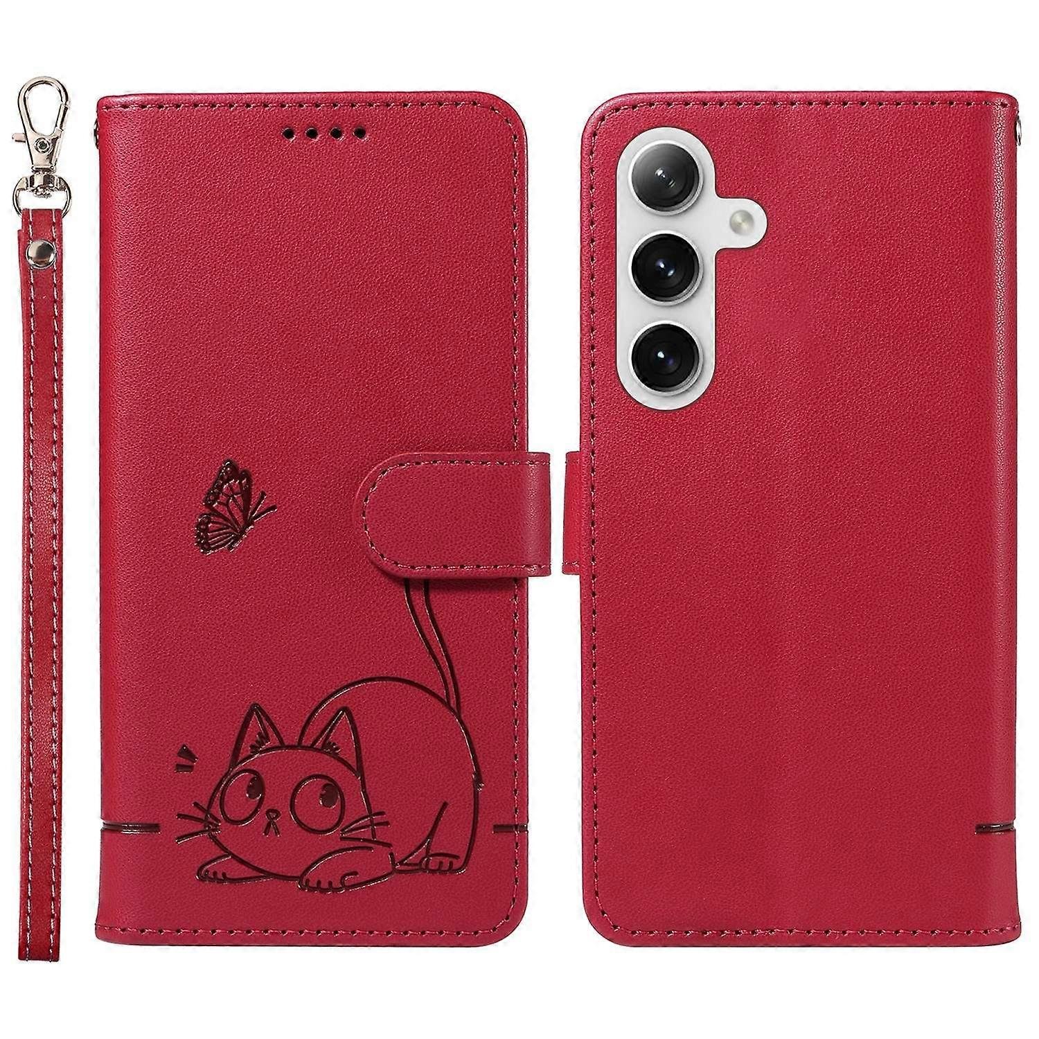 Do Samsung Galaxy S25+ S24+ Etui portfelowe ze wzorem kota, skórzany pokrowiec na telefon z paskiem na nadgarstek - Wielobarwny Red