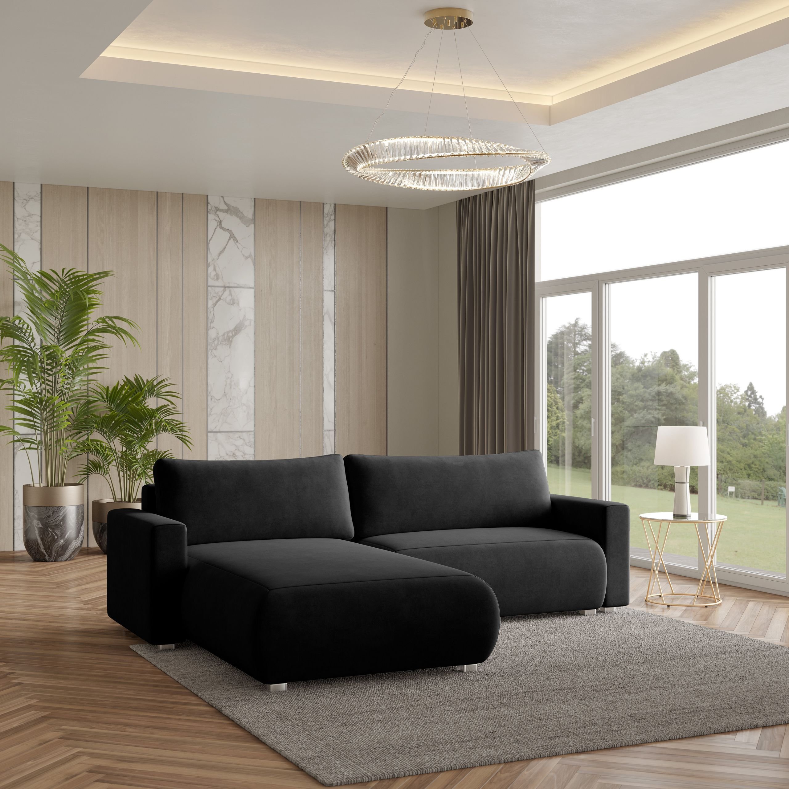 Masseno Narożnik TURIN M z funkcją spania i pojemnikiem na pościel Kształt L, Rozkładana sofa, Rogówka - Czarny, MONOLITH 95