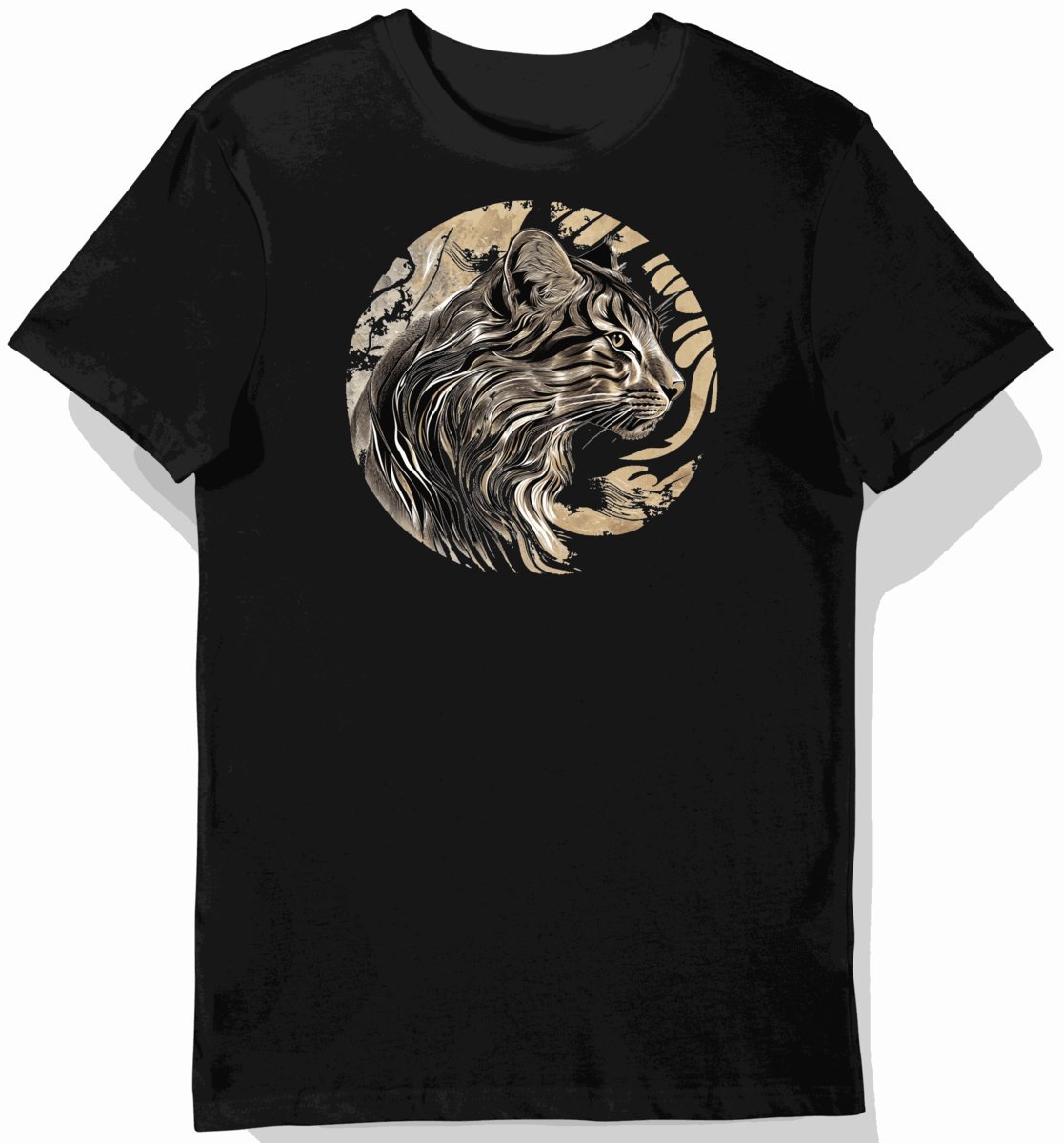 Koszulka męska czarna z motywem eleganckiego kremowego kota L