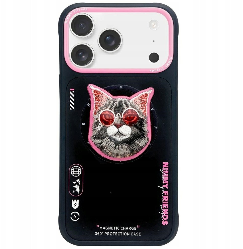 Etui Nimmy Glasses Cool Cat MagSafe do iPhone 17 Pro czarno różowy