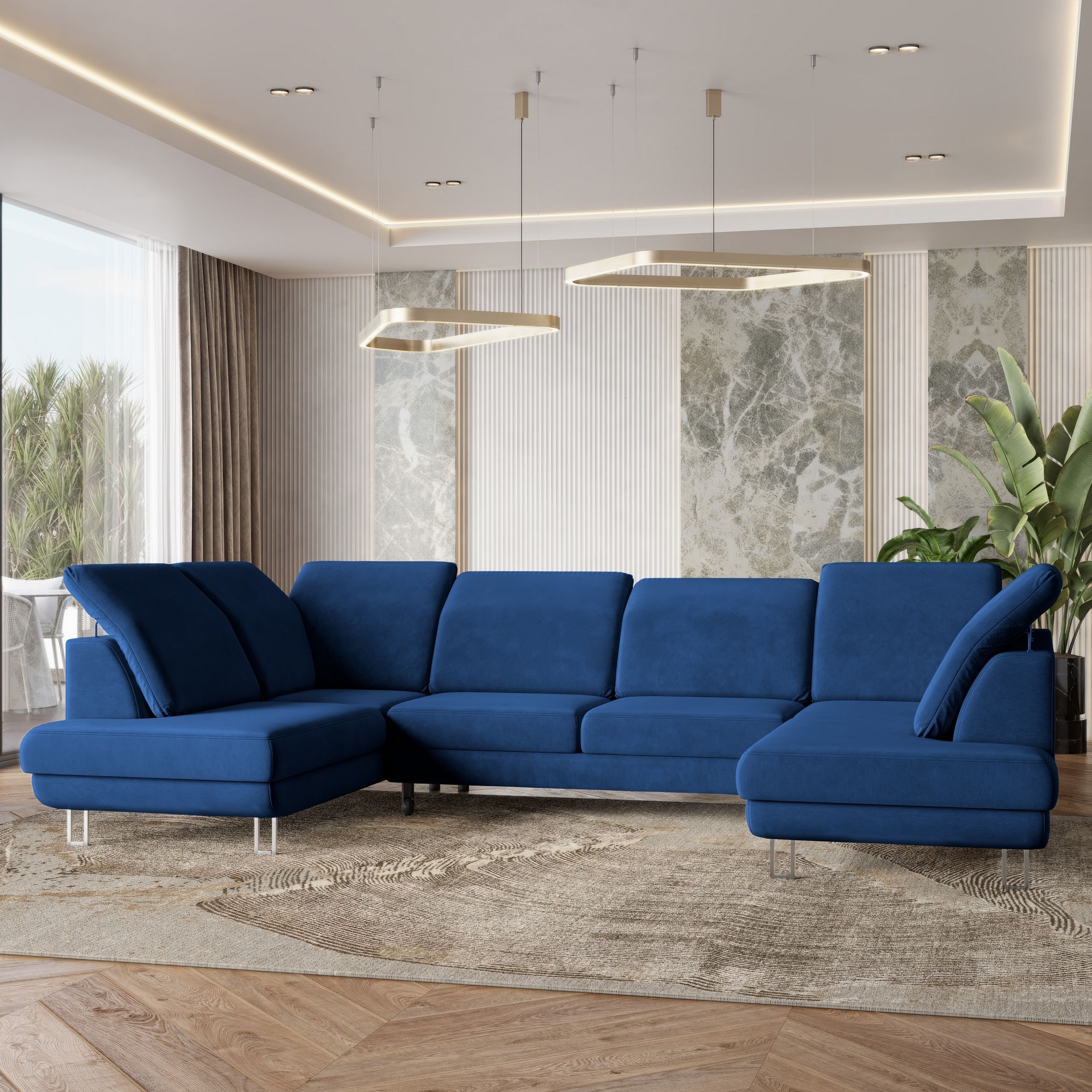 Masseno Narożnik TERAMO z funkcją spania i pojemnikiem na pościel Kształt U, Rozkładana sofa, Rogówka - Niebieski, MONOLITH 77