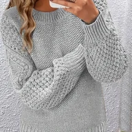 Swetry damskie - TEMU Elegancki Sweter Damski z Długim Rękawem - Miękki, Okrągły Dekolt z Żebrowanymi Detalami, Jednokolorowy na Jesień i Zimę, Sweter na Co Dzień i - miniaturka - grafika 1