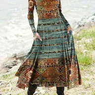 Sukienki - TEMU Damska Turecka/Śródziemnomorska Sukienka Boho Maxi - Pełny Nadruk, A-Line Zimowa z Harem w Kolorach Turkusowym/Czerwonym/Złotym/Czarnym/Beżu, - miniaturka - grafika 1