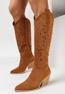 Brązowe Ażurowe Kozaki przed Kolano na Ściętym Słupku Tirita - Kozaki damskie - miniaturka - grafika 1