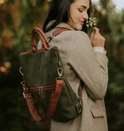 Torebki damskie - Plecak / torba 2 w 1 z nubuku, khaki brązowe paski - miniaturka - grafika 1