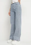 Spodnie damskie - Niebieskie Jeansy z Bawełną Szerokie z Cyrkoniami Iskio - miniaturka - grafika 1