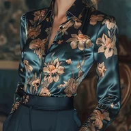 Koszule damskie - TEMU Bluzka Damska Elegancka z Kwiatowym Wzorem - Koszula z Długim Rękawem i Guzikami w Kolorze Turkusowo-Złotym, Nieprześwitująca do Biura i na - miniaturka - grafika 1