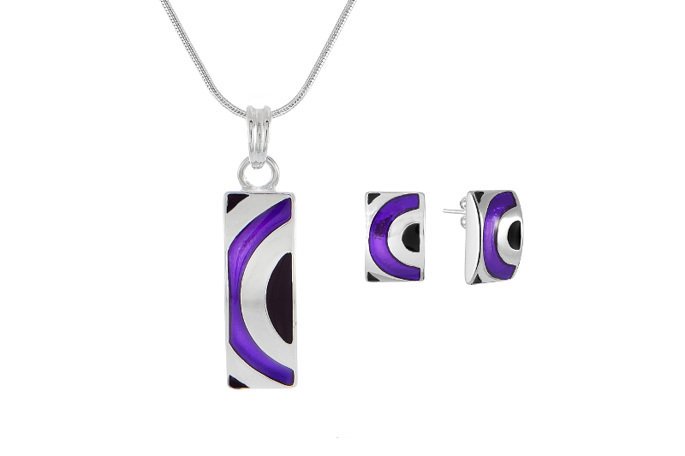 Komplet Damski Srebrno Czarno Fioletowy