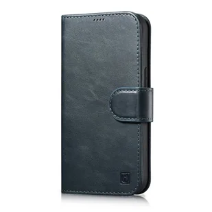 iCarer Oil Wax Wallet Case 2in1 etui iPhone 14 Plus skórzany pokrowiec z klapką Anti-RFID niebieski (WMI14220723-BU) - Etui i futerały do telefonów - miniaturka - grafika 1
