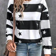 Bluzki damskie - TEMU Elegancka Damska Bluzka z Długim Rękawem w Beżowo-Czarne Paski z Nadrukiem Gwiazd i Pasków - Beżowe Paski Poziome, Casualowa i Elegancka Bluzka - miniaturka - grafika 1