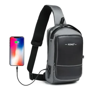 Kono Plecak antykradzieżowy, wodoodporna torba crossbody z portem ładowania USB, modna torba podróżna męska na klatkę piersiową na rower, kemping, spacery, Czarny/szary, Rozmiar Uniwersalny - Torby męskie - miniaturka - grafika 1