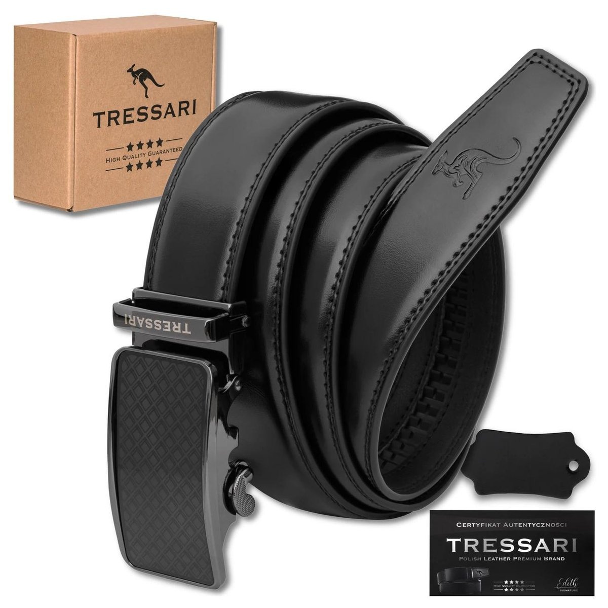 TRESSARI męski pasek automatyczny skóra naturalna do spodni czarny 115cm