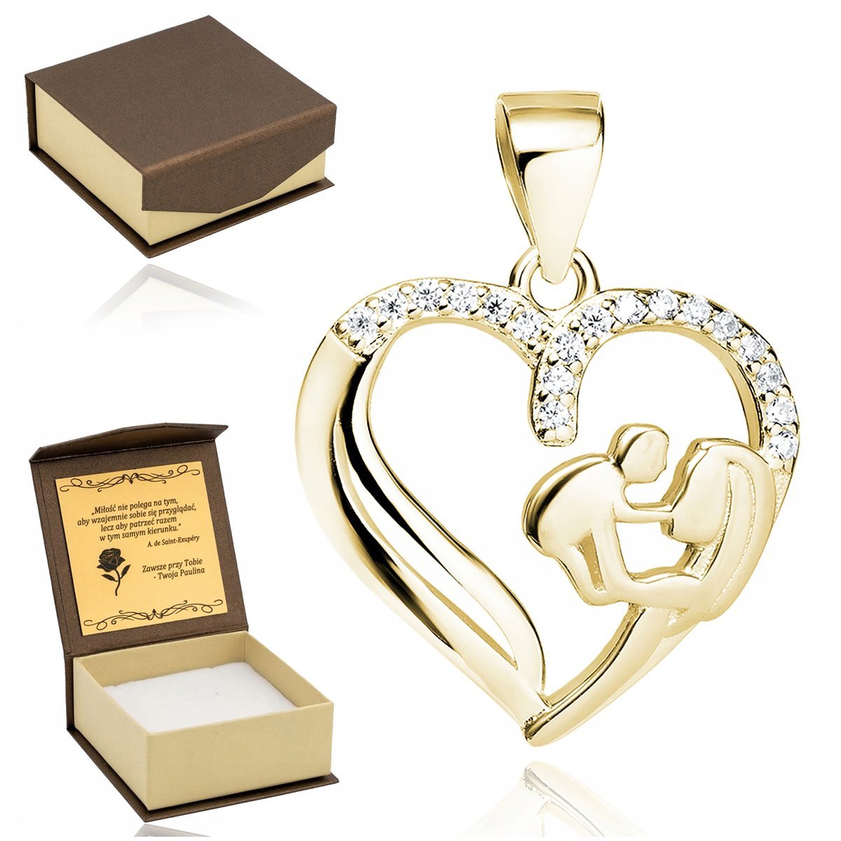 Złota Zawieszka Serce Matka Z Dzieckiem Z Cyrkoniami Srebro 925 + Grawer