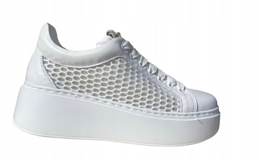 Białe Sneakersy Damskie Carinii B9405 Skóra Naturalna Platforma Modne R.38