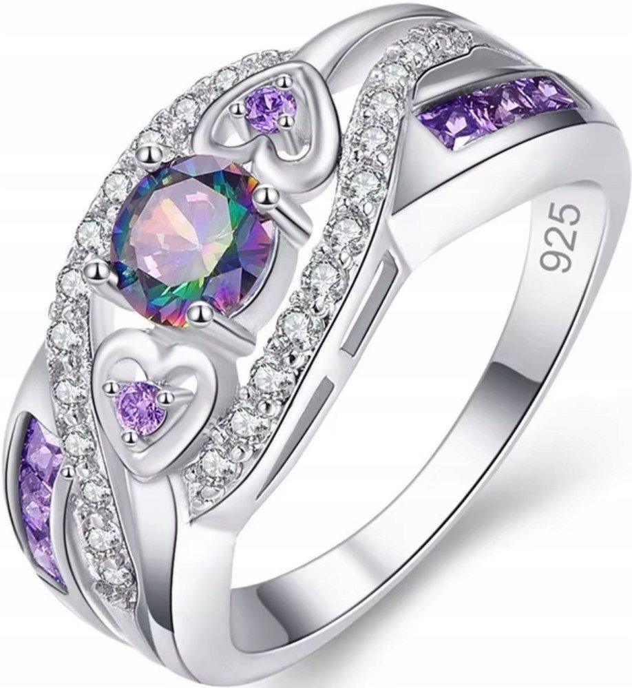 Srebrny Pierścionek z Ametystami i i Cyrkoniami Serca Stal Chirurgiczna