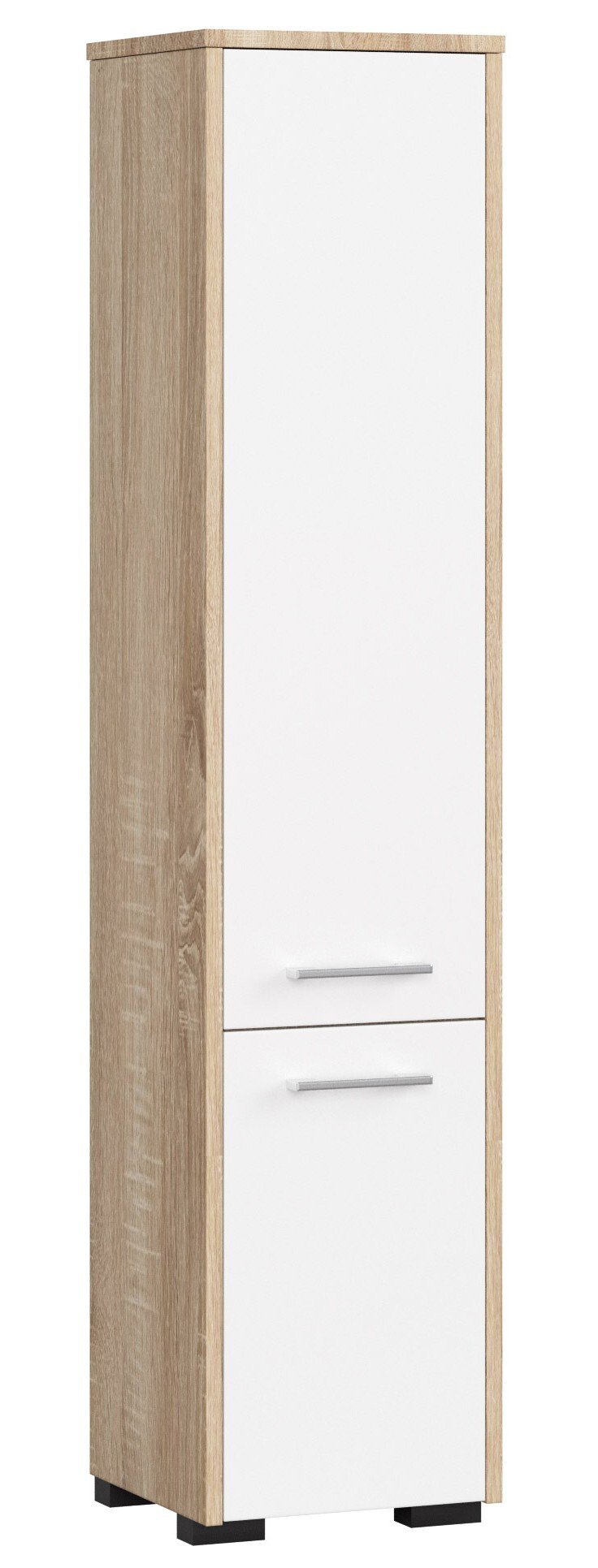 Szafka łazienkowa wolnostojąca: dwoje drzwi, pięć półek, kolor: dąb sonoma biały, wymiary mebla: szer. 30 cm, wys. 140 cm, gł. 30 cm