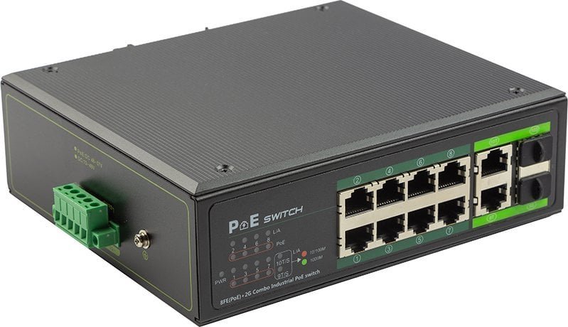 Switch Extra Digital Industrinis PoE šakotuvas 100Mbps 8portų+2G uplink RJ45 arba SFP portai, -40 °C, IEEE802.3af/at POE802PRO