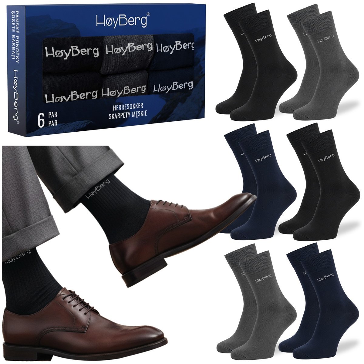 HøyBerg Skarpety Męskie Garniturowe 6 Par Długie Bawełniane Mix Kolor 43-46