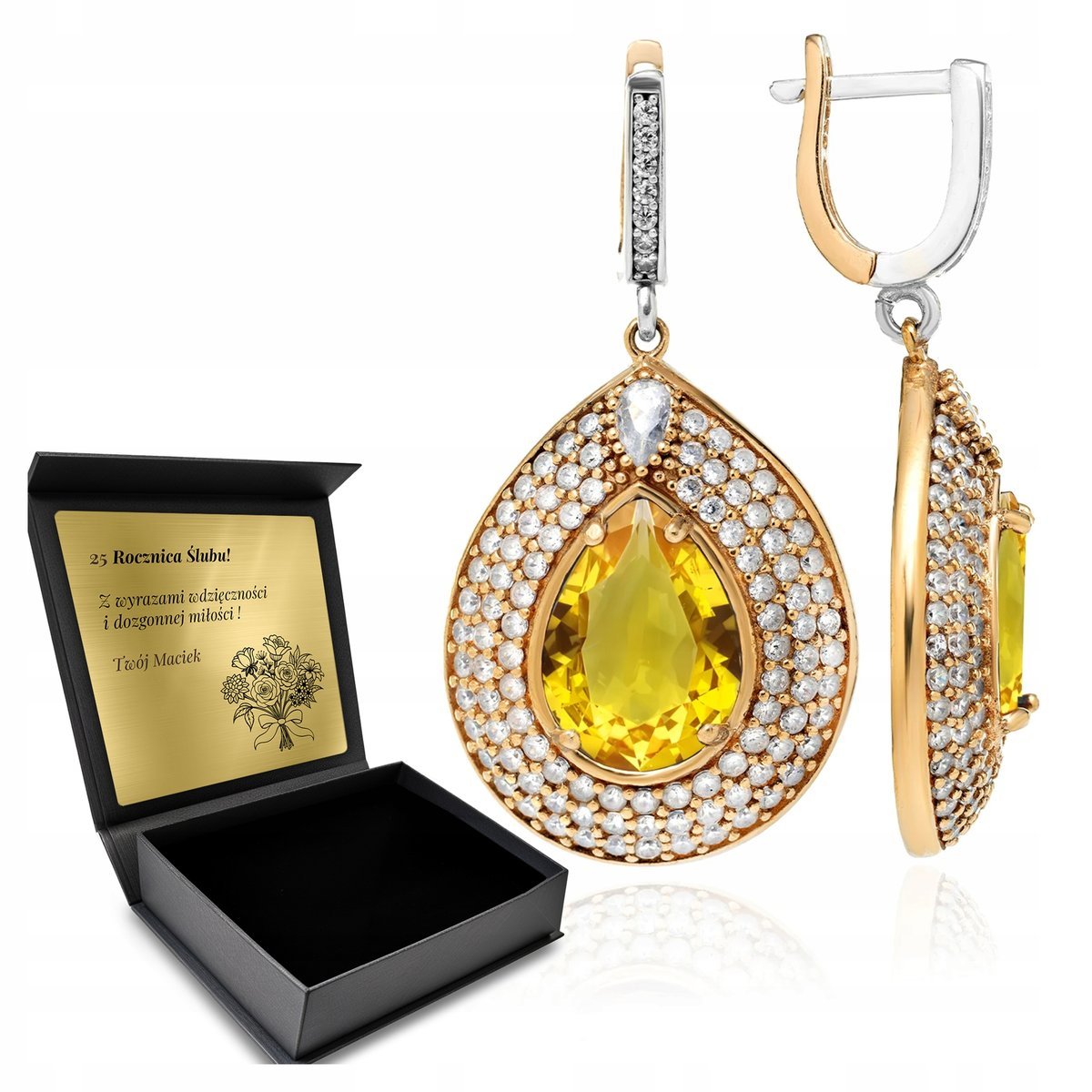 Kolczyki Srebrne 925 Cytryn I Cyrkonie Biżuteria Dla Kobiety + Grawer
