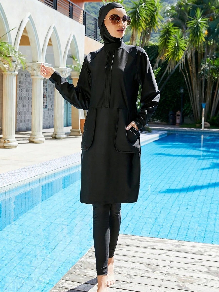 SHEIN CZARNY BURKINI DWUCZĘŚCIOWY Z NARZUCONĄ TUNIKĄ M 1MA