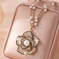 Naszyjniki - TEMU Elegancka i wielowarstwowa perła sztuczna i brokatowa koralik z kwiatami z złocistego stopu cynku - idealna na wesela i imprezy formalne, - miniaturka - grafika 1