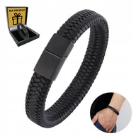 Bransolety męskie - Czarna Skórzana Bransoletka Męska Tytanowa Bransoleta - miniaturka - grafika 1