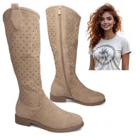 Botki damskie - Damskie Kowbojki Ażurowe Kozaki Zamszowe Jesienne Eleganckie Beż Barski 38 - miniaturka - grafika 1
