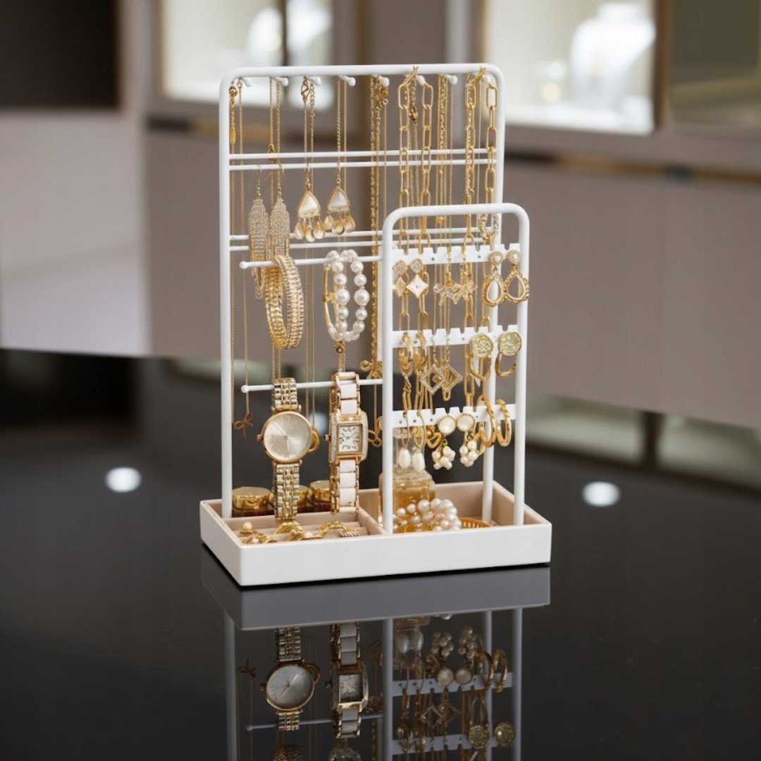 BIAŁY STOJAK NA BIŻUTERIĘ Z AKSAMITNĄ TACĄ METALOWĄ RAMĄ ORGANIZER UCHWYT