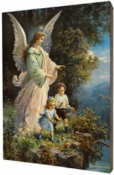 Anioł Stróż z dziećmi - obraz religijny na desce lipowej - Ikony i obrazy sakralne - miniaturka - grafika 1