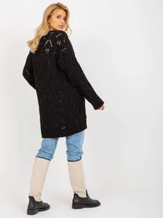 Swetry damskie - Kardigan czarny casual sweter ażurowy narzutka rękaw długi długość długa - grafika 1