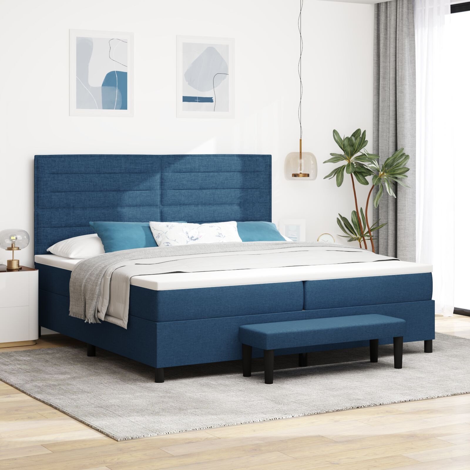 vidaXL Łóżko typu box spring z materacem i ławką niebieskie 200x200 cm tkanina