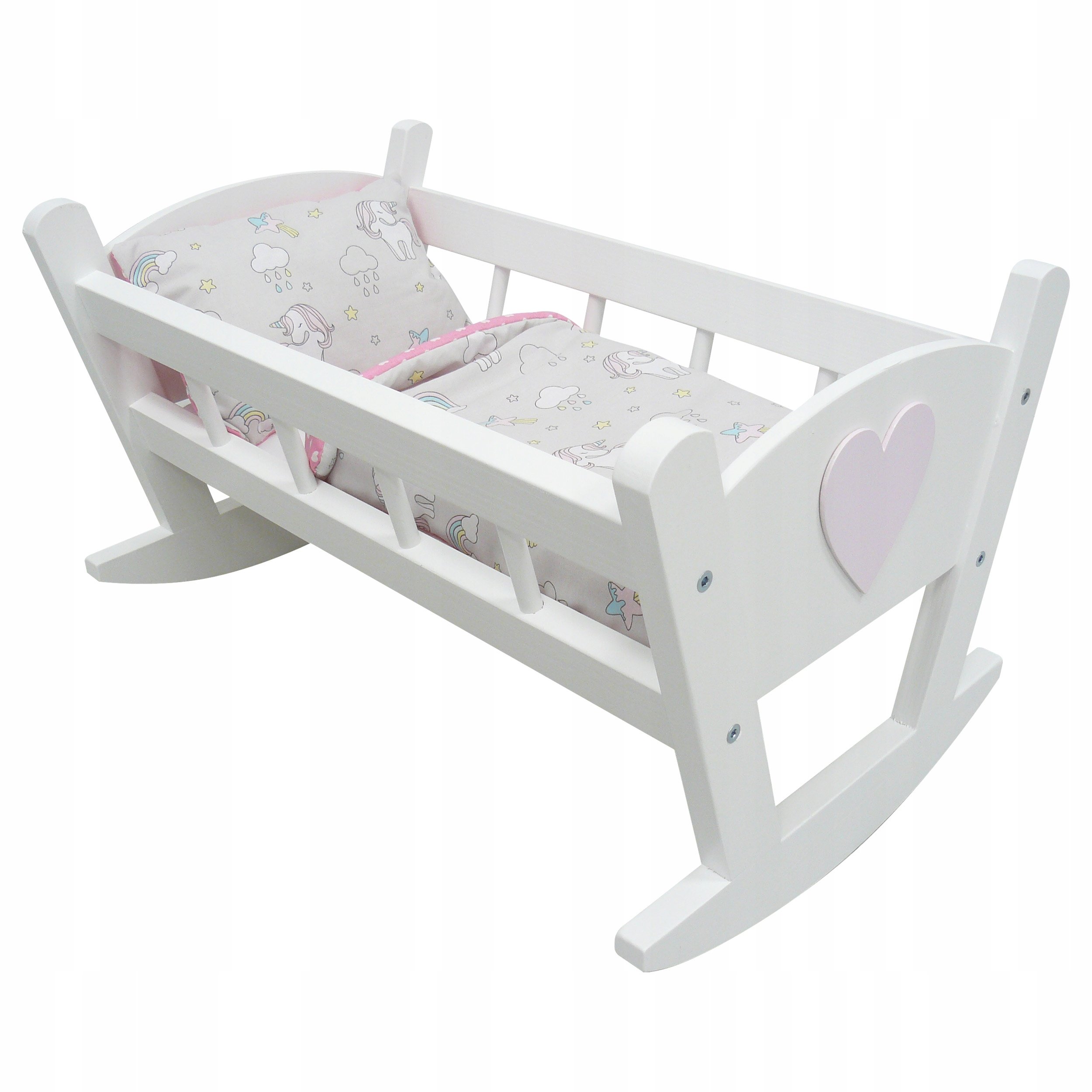 Drewniana Kołyska Dla Lalek Biała Pościel Jednorożec Zabawka