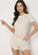 Koszulki i topy damskie - Beżowy Bawełniany T-shirt z Cyrkoniowymi Aplikacjami w Gwiazdki Tenivella - miniaturka - grafika 1