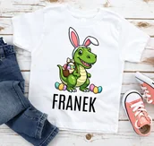 Koszulki dla dziewczynek - Koszulka na Wielkanoc dla chłopczyka z imieniem - wzór trex - miniaturka - grafika 1