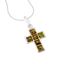Biżuteria religijna - Srebrny krzyżyk z bursztynem - miniaturka - grafika 1