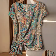 Koszule damskie - TEMU Bluzka bez Rękawów z Tropikalnym Wzorem dla Kobiet - Asymetryczny Dekolt, Okrągły Dekolt i Wiązanie na Przedzie, Lekki Top Letni do Plaży i - miniaturka - grafika 1