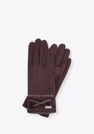 Rękawiczki - Damskie rękawiczki z kokardą i delikatnym przeszyciem brązowe - miniaturka - grafika 1
