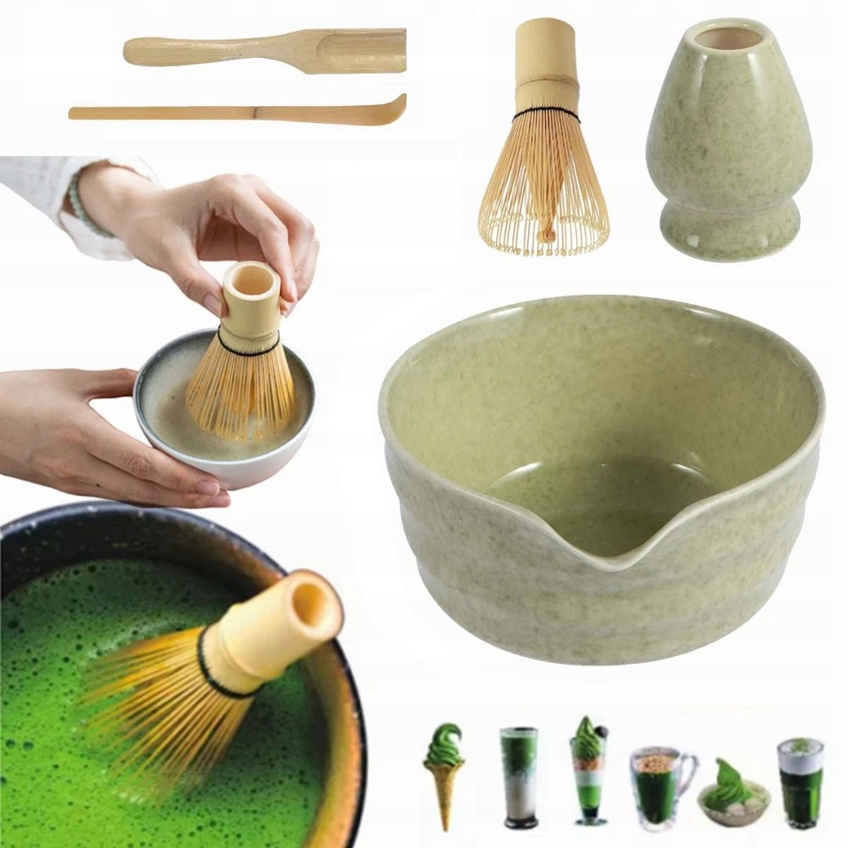 Akcesoria do Robienia Matchy, Zestaw do Matcha z Miską Ceramiczną Zielony