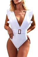 Stroje kąpielowe - STRÓJ KĄPIELOWY JEDNOCZĘŚCIOWY V-NECK BIAŁY L - miniaturka - grafika 1