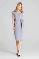Sukienki - Elegancka SUKIENKA z paskiem materiałowym | rozcięcie na nodze | Szara XL - miniaturka - grafika 1